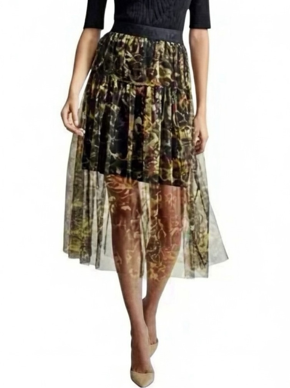 DKNY Animal Print Sheer Tulle Overlay A-Line Midi Skirt—NWT—S